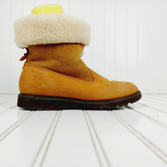 Rockport Tan Brown Leather Fold Over Fur Trim Ankle Boots D369 - Picture 5 of 13